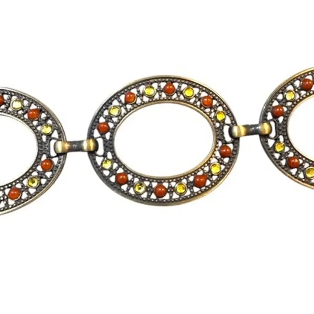 Vintage Oval Link Rhinestone Statement Belt Amber Brass Boho Western